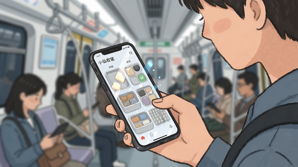 一张展示小仙收纳盒在地铁通勤场景中使用的插画,画面中一个年轻人站在地铁车厢里,单手拿着手机玩小仙收纳盒,手机屏幕亮着显示整理界面,周围是模糊的车厢背景,布局以人物和手机为焦点,排版自然,风格是都市生活插画风,细节上手机屏幕有轻微反光,画质干净,无多余元素