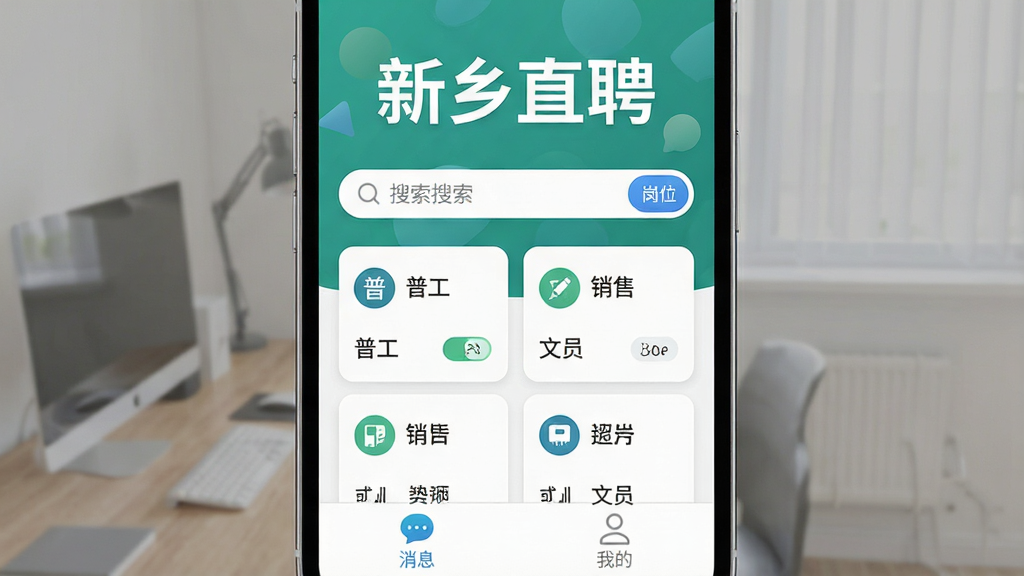 主体是一个智能手机屏幕,屏幕上显示着新乡直聘的应用界面,界面顶部有“新乡直聘”四个大字,中间是搜索框和岗位列表,列表中有普工、销售、文员等职位卡片,屏幕下方有消息、我的等底部导航栏,布局简洁明了,排版清晰有序,风格是现代扁平化设计,细节上按钮圆润、图标精致,画质干净高清,无多余元素。