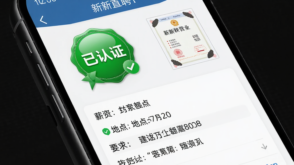 主体是一个手机屏幕特写,屏幕上显示新乡直聘的岗位详情页,页面上有“已认证”的绿色徽章,旁边有营业执照的缩略图,下方是薪资、地点、要求等详细信息,布局是上下结构,排版整齐,风格是商务简约风,细节上认证徽章有光泽感,画质清晰,无多余元素。