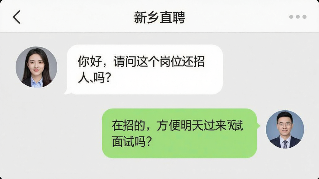 主体是手机聊天界面,左侧是求职者头像,右侧是企业HR头像,聊天内容显示“你好,请问这个岗位还招人吗?”和“在招的,方便明天过来面试吗?”,顶部有“新乡直聘”的标题栏,布局是标准的聊天窗口样式,排版清晰,风格是社交软件常见的简洁风,细节上气泡圆润,画质干净,无多余元素。