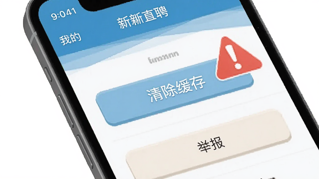 主体是一个手机屏幕,屏幕上显示新乡直聘的“我的”页面,页面上有“清除缓存”的按钮和“举报”入口,旁边有一个红色的警示感叹号图标,布局是垂直列表,排版清晰,风格是扁平化工具界面,细节上按钮有轻微的立体感,画质干净,无多余元素。