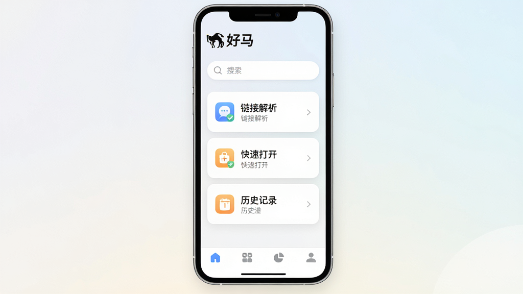 一张手机屏幕展示“好马”应用主界面的图片,主体是手机正视图,布局居中,顶部显示“好马”Logo和搜索框,中间是功能卡片式排列的链接解析、快速打开、历史记录三个模块,底部为导航栏,排版简洁,风格现代扁平化,细节圆润,画质干净清晰,无多余元素,背景为浅色渐变,突出“好马”文字标识