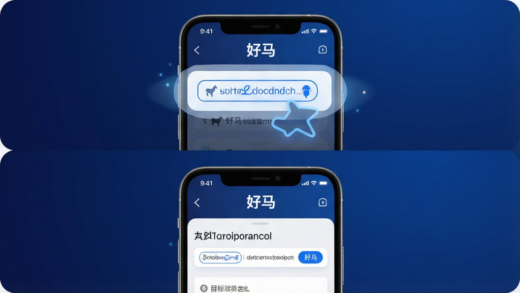 一张展示“好马”链接智能识别功能的图片,主体是手机屏幕,布局为上下结构,上半部分显示复制链接的动画,下半部分显示“好马”自动解析出目标地址的界面,排版清晰,风格科技感扁平,细节有光效点缀,画质干净无多余元素,背景为深蓝色渐变,屏幕中带有“好马”文字标识