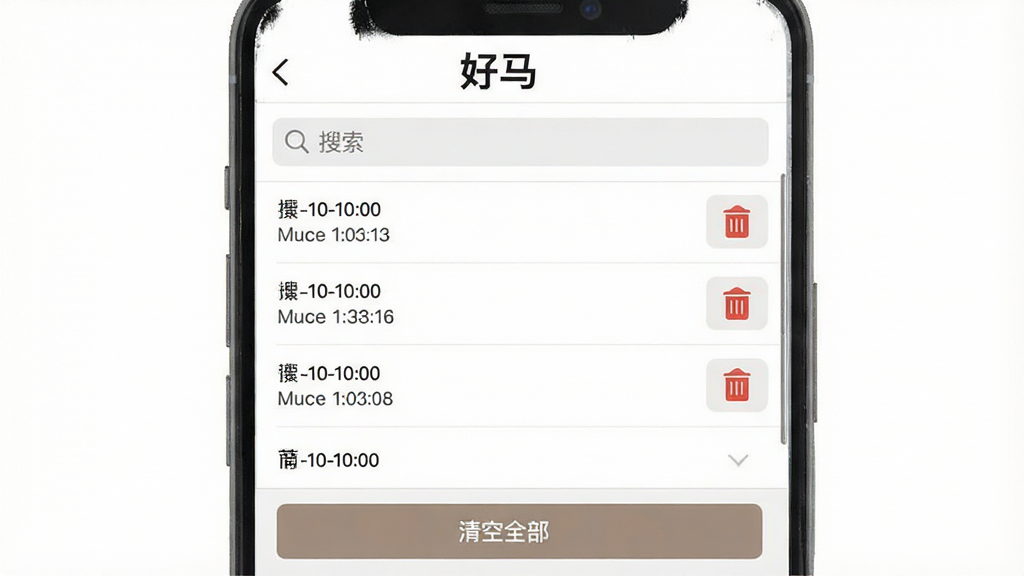 一张展示“好马”历史记录管理界面的图片,主体是手机屏幕,布局为列表式,顶部有搜索框,中间是带时间戳的记录条目,每条记录右侧有删除按钮,底部有“清空全部”按钮,排版整齐,风格简约扁平,细节清晰,画质干净无多余元素,背景为白色,顶部带有“好马”文字标识