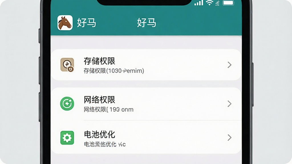 一张展示“好马”在手机上安装和权限设置界面的图片,主体是手机屏幕,布局为设置列表,显示存储权限、网络权限、电池优化等选项,排版清晰,风格系统原生扁平,细节图标明确,画质干净无多余元素,背景为浅灰色,顶部带有“好马”文字标识