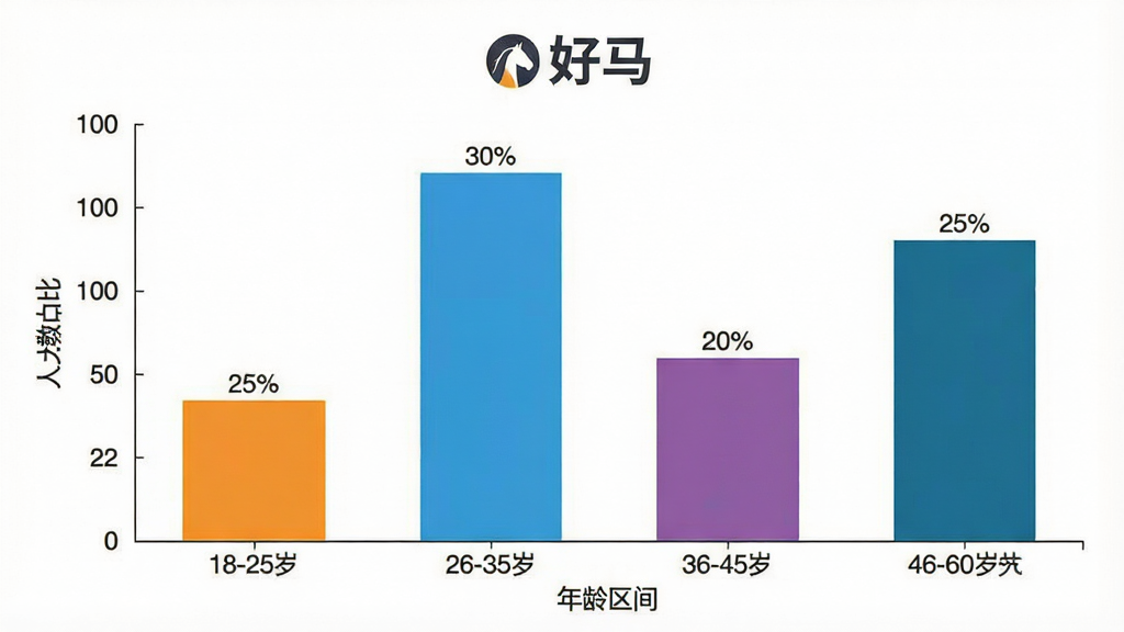 一张展示“好马”用户年龄分布的柱状图图片,主体是柱状图,布局为横轴年龄区间、纵轴人数占比,数据显示18-25岁占比约25%、26-35岁占比约30%、36-45岁占比约20%、46-60岁占比约25%,排版清晰,风格商务扁平,细节颜色区分明确,画质干净无多余元素,背景为白色,图表标题带有“好马”文字标识