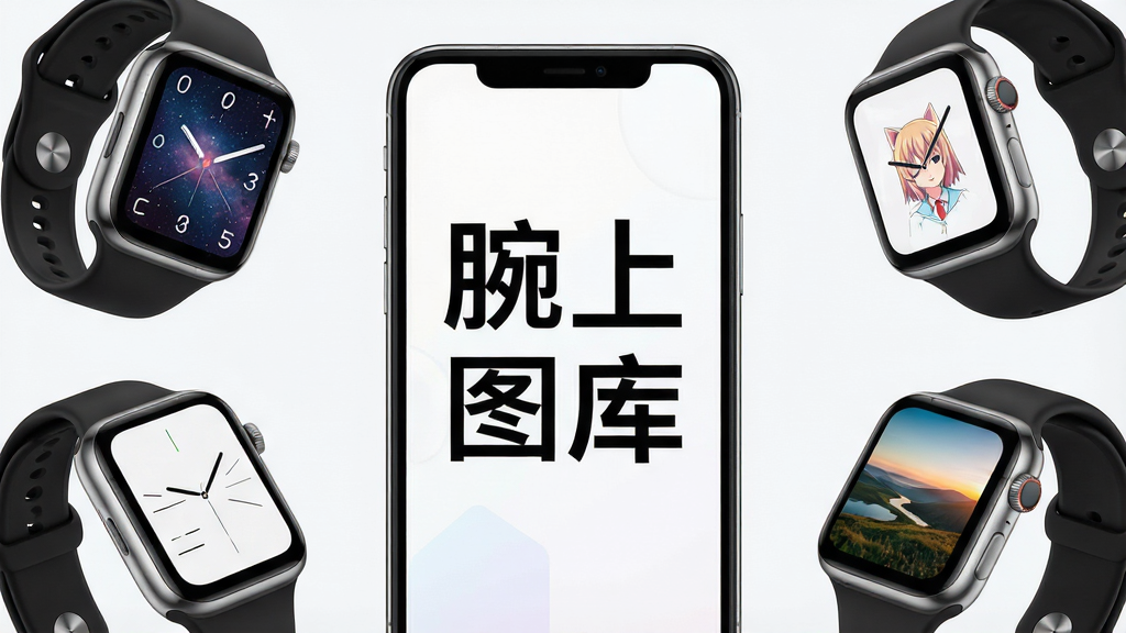 一张展示智能手表表盘壁纸库的手机应用界面效果图,画面中央是一部智能手机,屏幕上显示着“腕上图库”四个大字,手机周围环绕着多块不同形状的智能手表,手表屏幕上显示着风格各异的精美壁纸,包括星空、动漫人物、极简线条和风景照片,整体布局采用立体悬浮式排版,风格现代科技感,细节上手表边框有金属光泽,手机界面干净整洁,画质高清,无多余元素