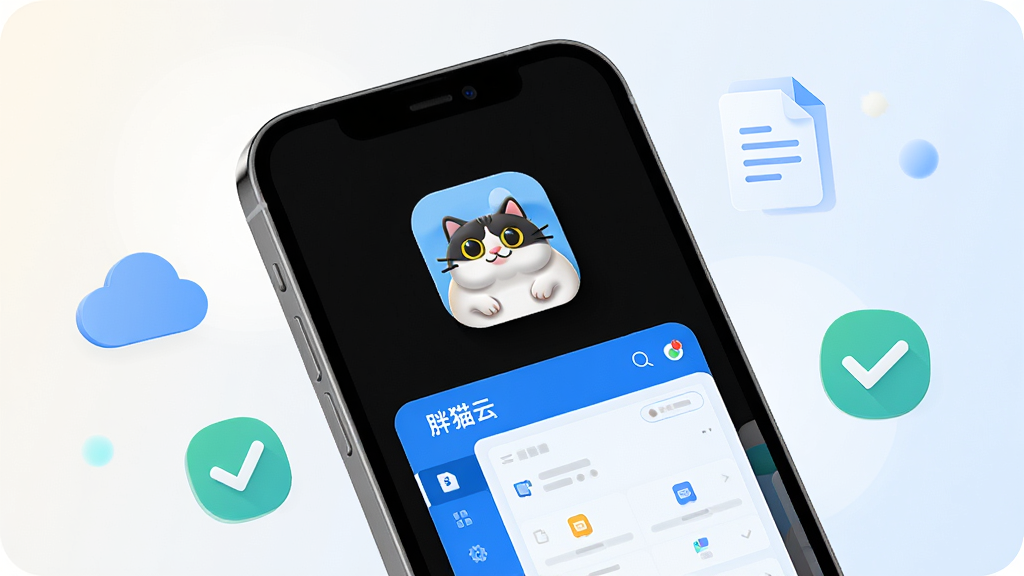 һ��չʾ��è��App���Ľ�����ֻ�����ͼ���ֻ���Ļ������ʾ����è�Ƶ�Logo�ͼ�����ɫ����̨���棬��Χ�����Ŵ�����Ч�칫�ĳ���ͼ�����ƶ䡢�ĵ����Թ��������Ǹɾ�������ǳɫ���䣬����ִ���ƽ����ϸ���������������ʸɾ��޶���Ԫ��