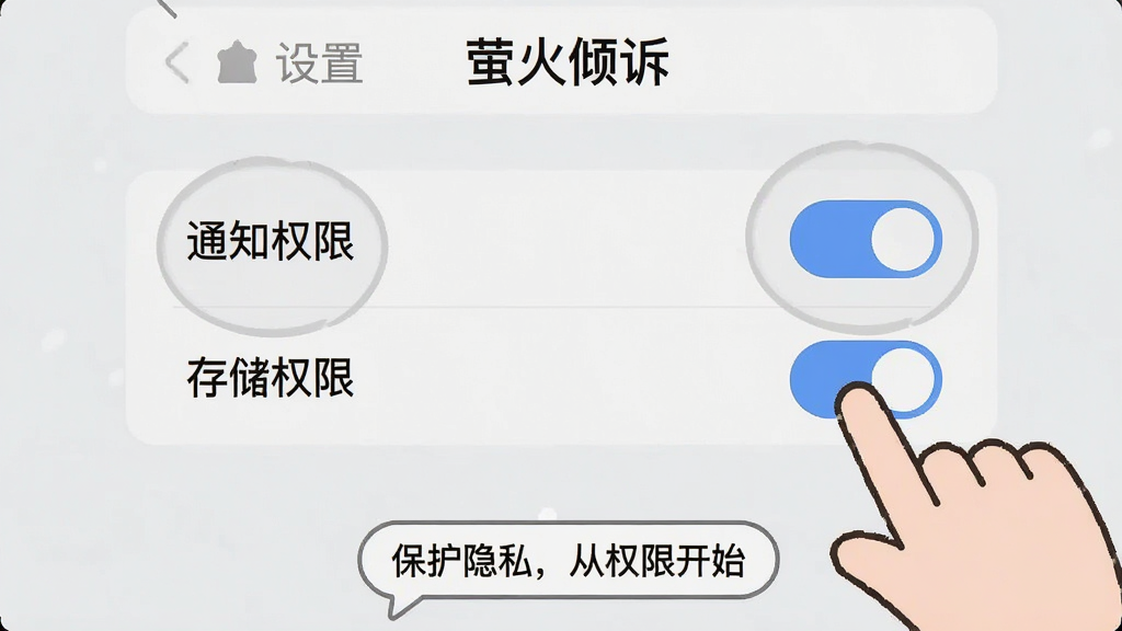 һ���ֻ���ͼ���Ĳ廭��������ʾ��ө�����ߡ�App�����ý��棬�ص�ͻ����֪ͨȨ�ޡ��͡��洢Ȩ�ޡ�����ѡ��Ա���һ����ͨ��ָ���ڵ��������ť�����汳����ǳ��ɫ�����������������·���һ��СС����ܰ��ʾ���ݣ�д�š�������˽����Ȩ�޿�ʼ���������������ˣ����ʸɾ����޶���Ԫ�ء�