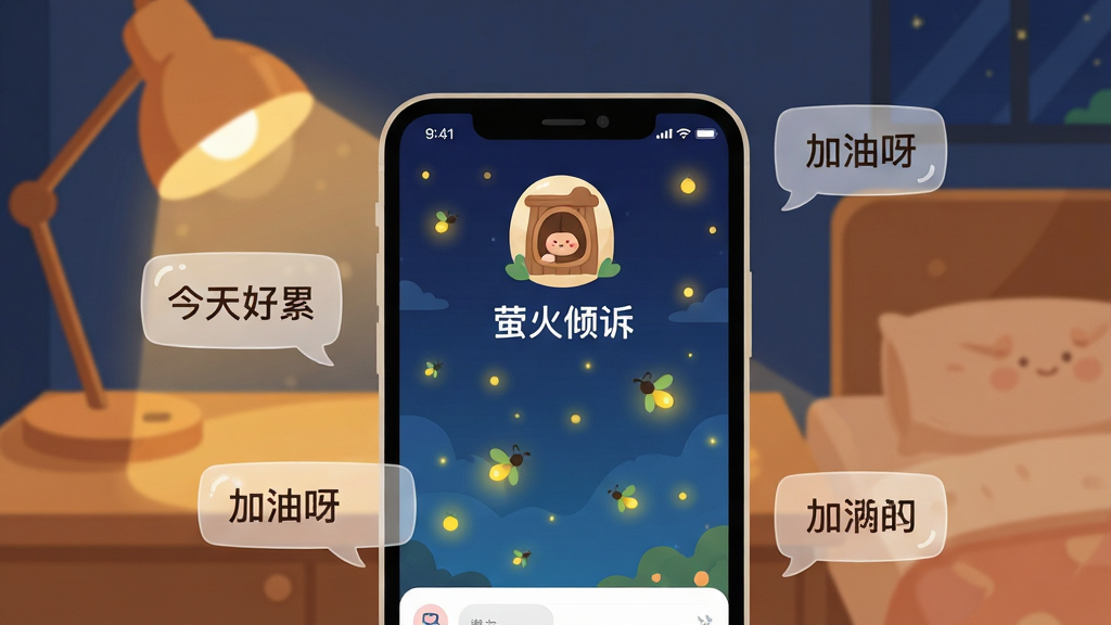 ����������һ��������Ļ�������ֻ�����Ļ��������ʾ��ө�����ߡ�App��������棬���汳��������ɫҹ�յ�׺��ů��ɫө����㣬��Ļ�Ϸ���һ���ɰ��Ŀ�ͨ����ͼ�ꡣ�ֻ���ΧƯ���ż�����͸�������ݶԻ���������д�š�������ۡ���������ѽ���ȼ�����֡���������ܰ����ҹ��������һ�ǣ���һյů��̨�ơ���������ܰ��������ƽ�廭�磬���ʸɾ����޶���Ԫ�ء�