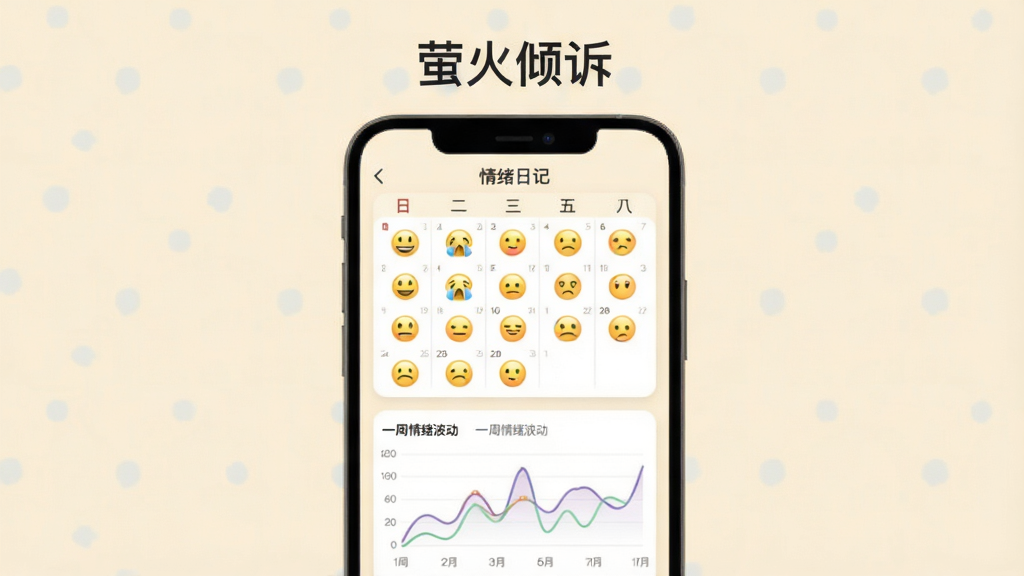 ����չʾ��ө�����ߡ�App�ڵ������ռǽ��棬��������͵��׻�ɫ������������һ��������ͼ��ÿ�����ڸ�������һ����ͬ�ı�����ţ���Ц����������ƽ�����������·���һ������ͼ��չʾһ�ܵ�����������������Ƽ�࣬���ֱ�ǩ����������ִ���ƽ���ֻ���Ļ�Ϸ������š�ө�����ߡ��ĸ��֡����ʸɾ����޶���Ԫ�ء�