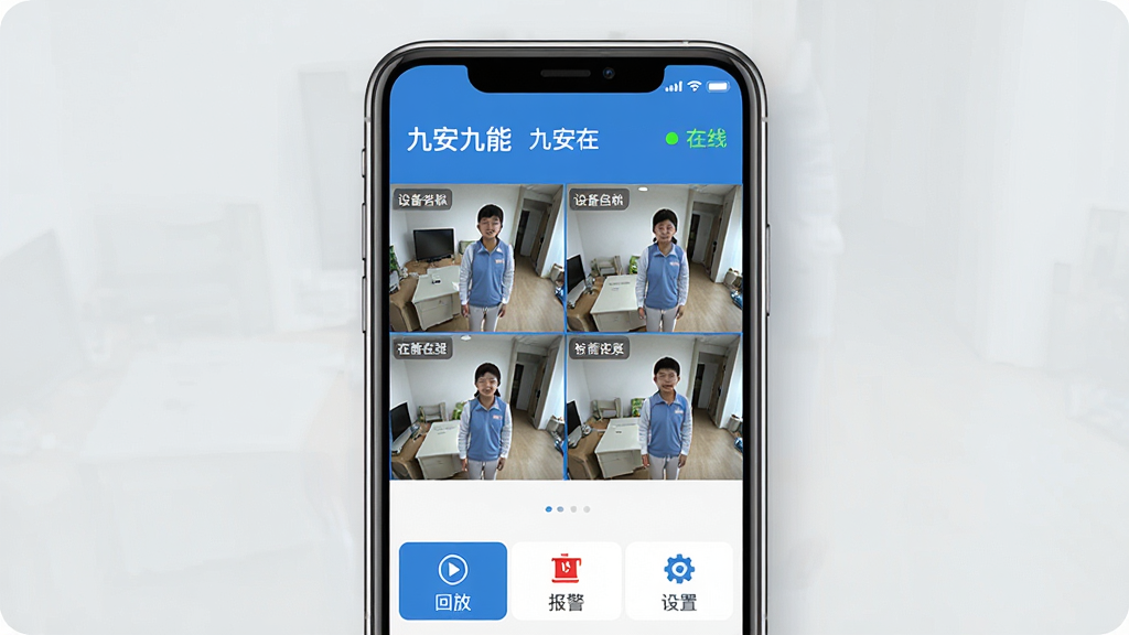 һ��չʾ�Ű������ֻ�APP�������ͼƬ�������������ֻ���Ļ����Ļ����ʾ�Ű�����APP�ļ�ػ���ָ񲼾֣����ĸ�����ͷ���棬�����Ϸ����豸���ƺ�����״̬���·��лطš����������õ�ͼ�갴ť��������ǳ��ɫ���������ִ���࣬ɫ��������Ϊ���������������ɾ��޶���Ԫ�ء�