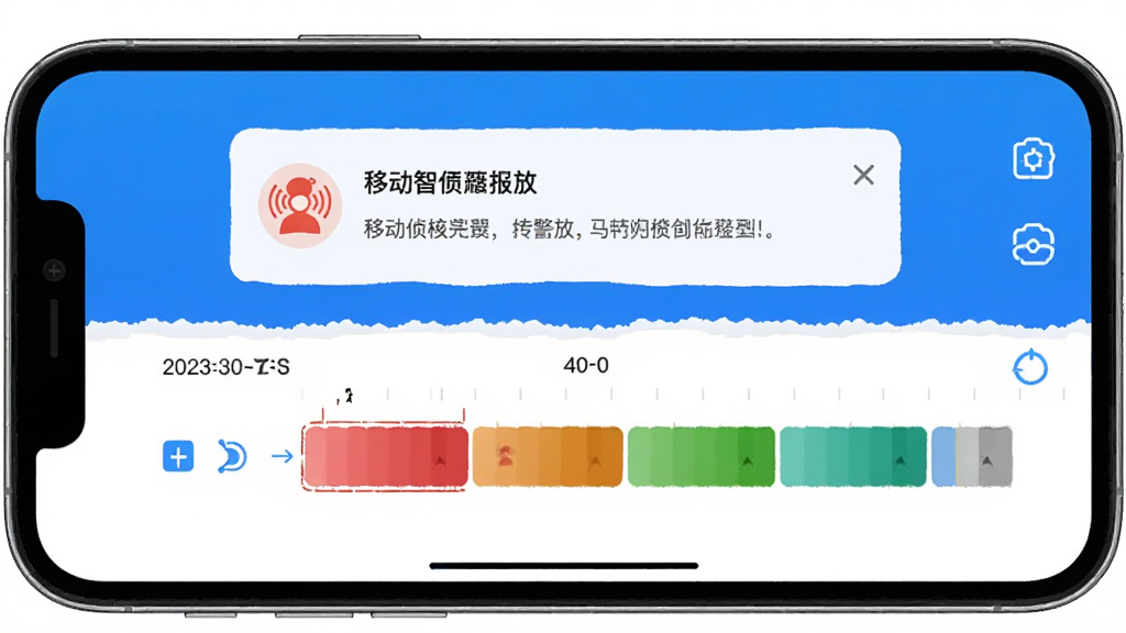 һ��չʾ�Ű�����APP�������ͺͻطŽ����ͼƬ���ֻ���Ļ��ʾһ���ƶ���ⱨ��֪ͨ���·��ǻط�ʱ���ᣬʱ�������в�ͬ��ɫ��¼��Ƭ�α�ǣ����汳��Ϊ��ɫ��ͼ��Ϊ��ɫ�������ֱ�ۣ������������޶���Ԫ�ء�