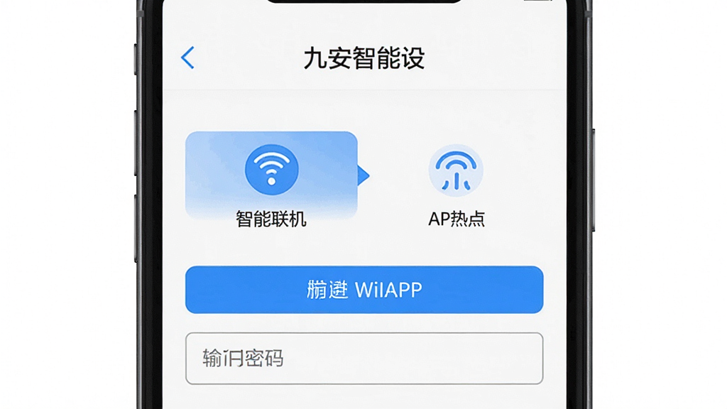 һ��չʾ�Ű�����APP�����豸�����ͼƬ���ֻ���Ļ��ʾ�����豸���棬������������AP�ȵ�����ѡ��·�������WiFi���������򣬽��汳��Ϊ��ɫ����ťΪ��ɫ����������ˣ������������޶���Ԫ�ء�