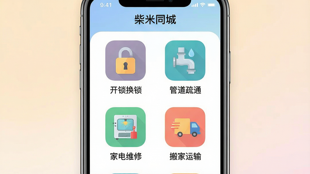 һ��չʾ����ͬ��APP�������ҳ����ֻ���ͼ���������ֻ���Ļ��������ʾ����״���еķ���ͼ�꣬�硰���������������ܵ���ͨ�������ҵ�ά�ޡ�����������䡱��ÿ��ͼ���·������ֱ�ǩ���Ű�����Գƣ�����Ǳ�ƽ����ƣ�ϸ�ڰ�����͵Ľ��䱳����Բ���ͼ��߽ǣ������������ɾ�������Ԫ�ء�