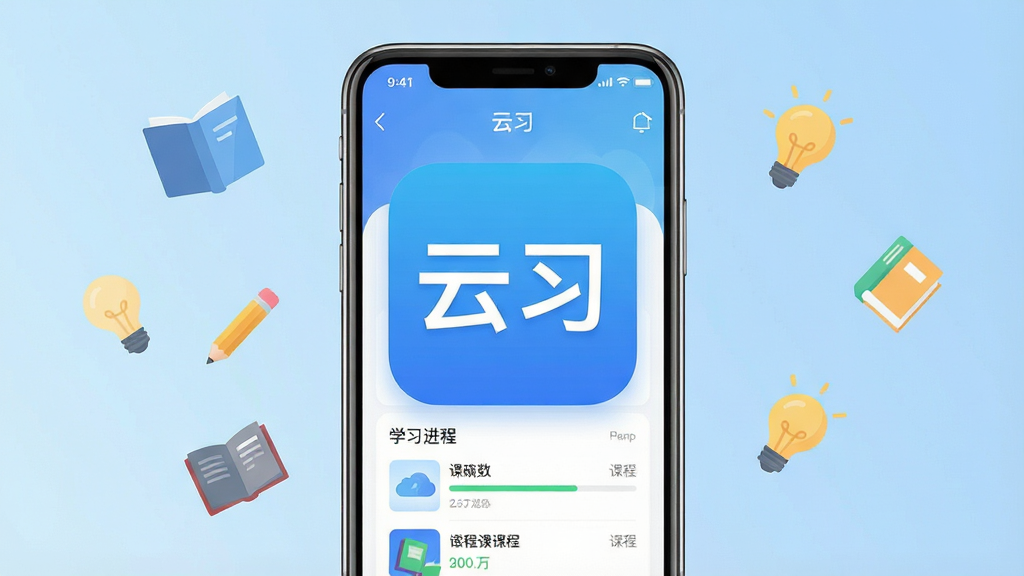 一张简洁明快的手机应用界面展示图,画面中央是“云习”APP的图标和主界面,主界面显示着课程列表和学习进度条,背景是柔和的渐变蓝色,周围漂浮着书籍、铅笔、灯泡等学习相关的扁平化小图标,整体风格现代、干净、无多余装饰元素,画质清晰,文字“云习”醒目