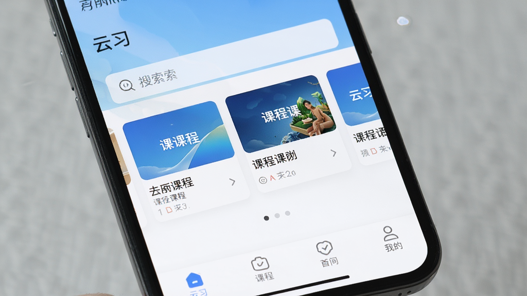 一张手机屏幕特写图,展示“云习”APP的首页界面,顶部是搜索栏,中间是横向滑动的课程卡片,底部是简洁的导航栏,界面以白色和浅蓝色为主,画面干净,无广告弹窗,风格极简,画质清晰