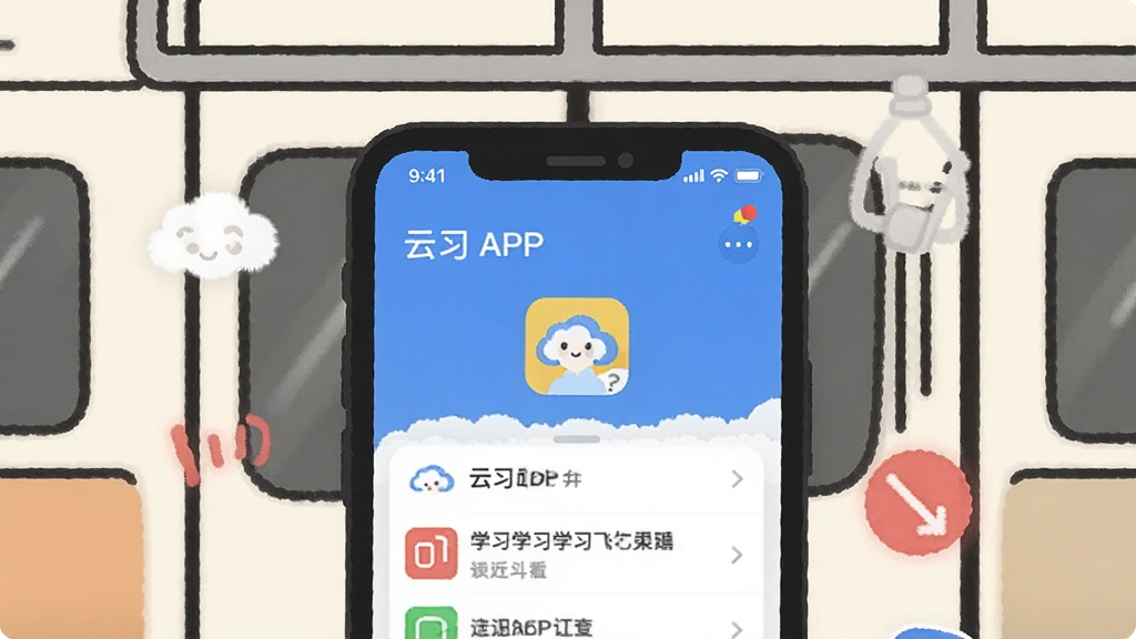 一张概念图,画面展示一部手机处于飞行模式,但屏幕上“云习”APP依然显示着学习内容,手机周围有表示离线状态的图标,背景是地铁车厢的简笔画,整体风格插画风,色彩柔和,画质干净