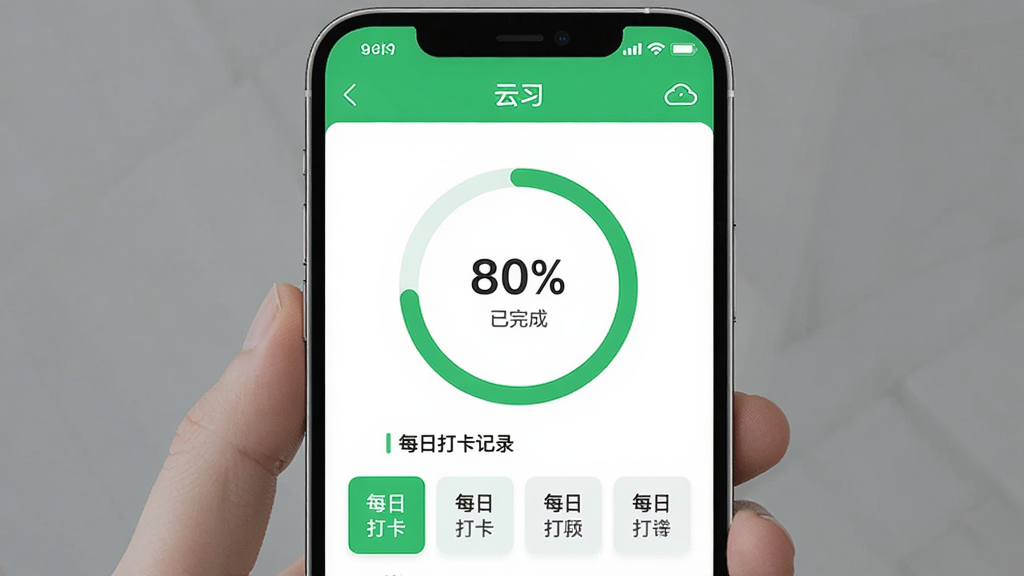 一张手机界面截图风格图,展示“云习”APP的学习进度页面,页面中央是一个圆环形的进度图表,显示已完成80%,下方有每日打卡记录的小方块,界面配色清新,以绿色和白色为主,风格简约,画质清晰