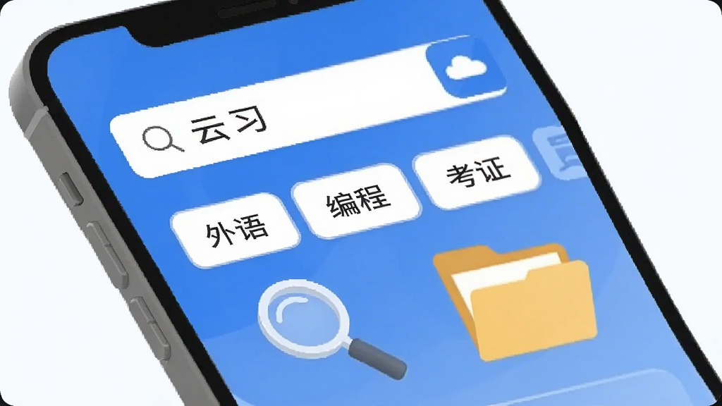 一张AI生图,画面展示一个虚拟的搜索场景,手机屏幕上显示“云习”APP的搜索框,搜索框下方列出多个分类标签如“外语”、“编程”、“考证”,旁边有放大镜图标和整理好的文件夹图标,整体风格扁平化,颜色以蓝白为主,画质干净无杂乱元素
