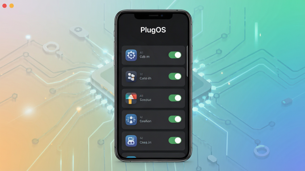 һ��չʾPlugOSӦ���������ͼƬ�������������ֻ���Ļ����Ļ����ʾPlugOS�Ĳ��������壬�����С�PlugOS����������������ɫ����Ϊ������Ƭʽ���������Ų�ͬ������أ������Ǽ��ĿƼ��н��䣬����ִ���ƽ��ϸ�����������ʸɾ��޶���Ԫ��
