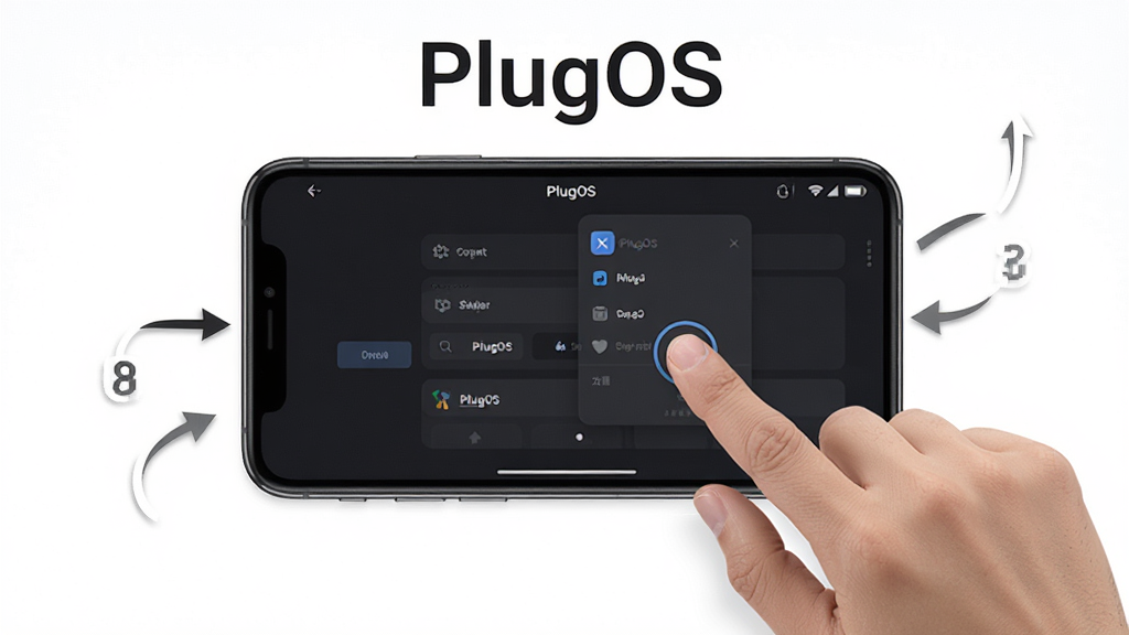 һ��չʾPlugOSʹ�ý̵̳�ͼƬ���������ֻ���Ļ��ʾPlugOSӦ�õĲ������棬��Ļ������ָ�����������ʾ�⣬�Ա��м�ͷ��ע�������裬�����С�PlugOS����������������ɫ����Ϊ�������ֱ�����������ʸɾ��޶���Ԫ��