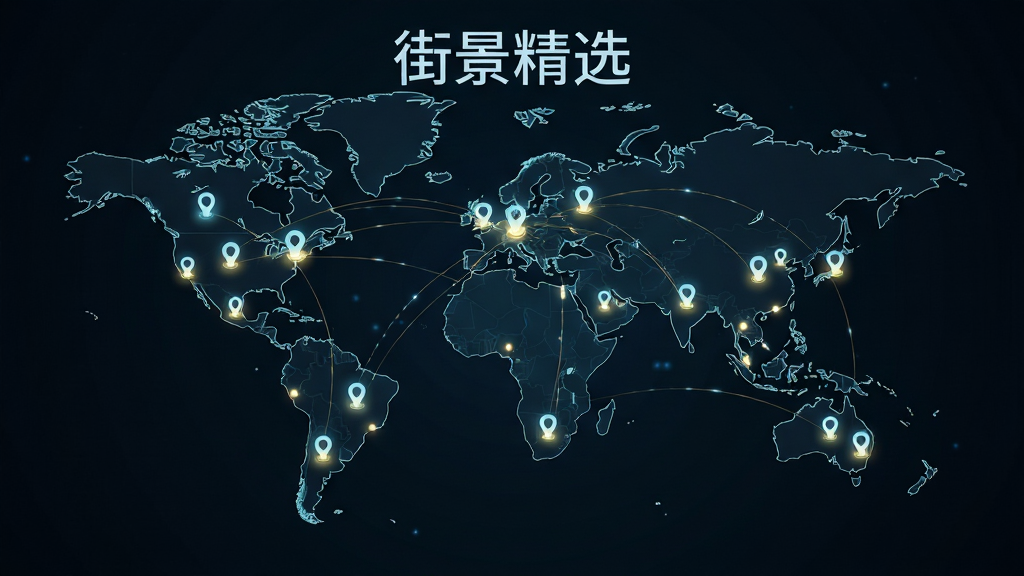 一张展示“街景精选”全球覆盖能力的AI生成图片,主体是世界地图轮廓,布局为地图上点缀着多个发光的定位圆点,排版为居中展示,风格为科技感深色背景,细节上圆点连接着细线代表数据网络,画质高清,干净无多余元素