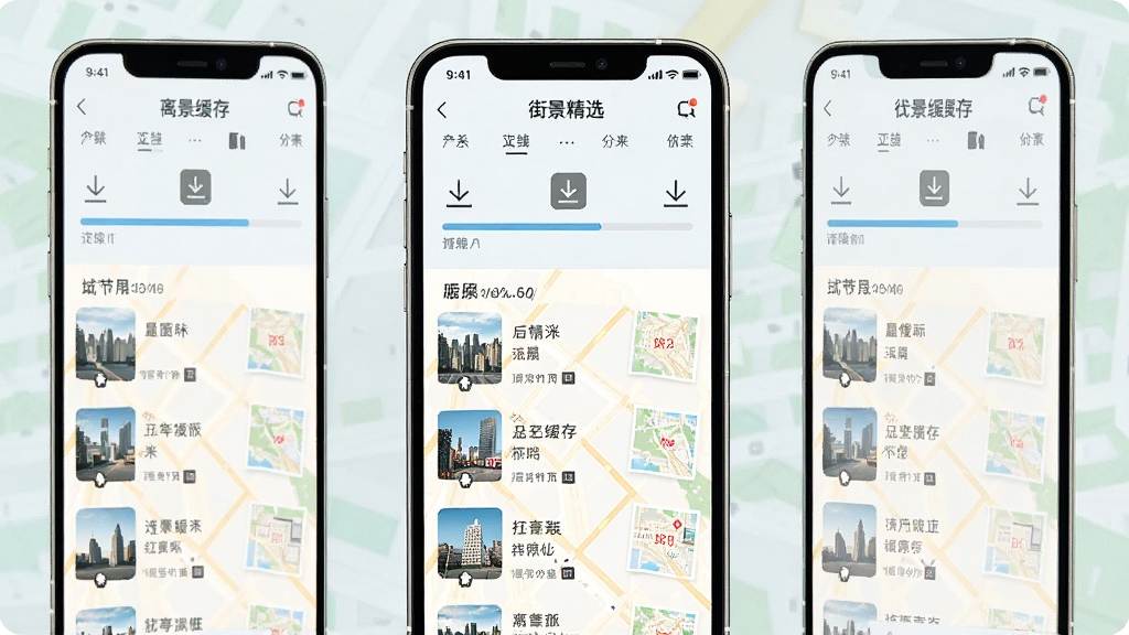 一张展示“街景精选”离线缓存功能的AI生成图片,主体是手机屏幕显示下载进度条和已缓存的城市列表,布局为竖向排列,排版简洁,风格为浅色系扁平化,细节上带有下载箭头和地图缩略图,画质高清,干净无多余元素