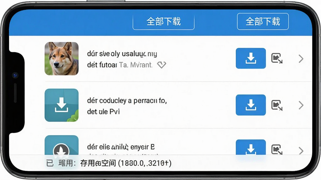 法语自学软件离线下载管理界面,手机屏幕显示课程列表,每个课程右侧有下载按钮和已下载标识,顶部有“全部下载”按钮,底部显示已用存储空间,界面风格为列表式布局,蓝白配色,图标清晰,画质干净无多余元素