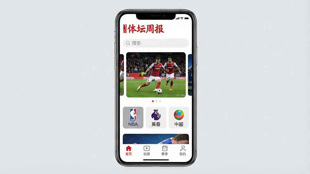 һ��չʾ��̳�ܱ�App����ȫò���ֻ������ͼ���ͼƬ������������һ�������ֻ�����Ļ��ʾ��̳�ܱ�App��ҳ�������С���̳�ܱ�����ɫLogo�����������м����ֲ�ͼչʾ����������棬�·���NBA��Ӣ�����г���Ƶ����ǩ���ײ�����������ҳ����Ƶ�����¡��ҵ��ĸ�ͼ�꣬���岼������������ִ���࣬����Ϊǳ��ɫ�����ʸɾ��޶���Ԫ��