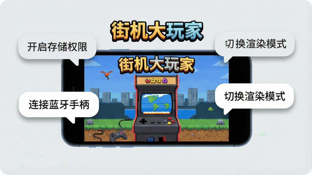 画面展示一部手机横屏运行街机游戏,屏幕上方有“街机大玩家”的logo,手机旁边漂浮着几个提示气泡,分别写着“开启存储权限”“连接蓝牙手柄”“切换渲染模式”等文字,背景是浅灰色简洁风格,整体布局清晰有条理,风格是扁平化信息图,细节上气泡有轻微阴影和圆角,画质干净无多余元素