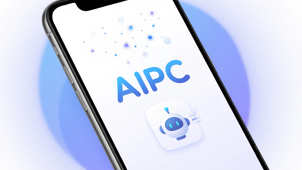 AIPC软件启动界面展示,主体为一部安卓手机屏幕,屏幕中央显示“AIPC”蓝色渐变Logo和简约的智能助手图标;布局采用居中构图,手机微微倾斜,四周有柔和的蓝紫色光晕环绕;排版简洁,上方留白处有微小的科技感粒子点缀;风格为现代扁平化科技风,色彩以蓝、白、浅紫为主;细节上手机边框有金属光泽,屏幕内图标圆润,文字清晰;画质干净,无多余元素,4K分辨率,整体明亮通透。