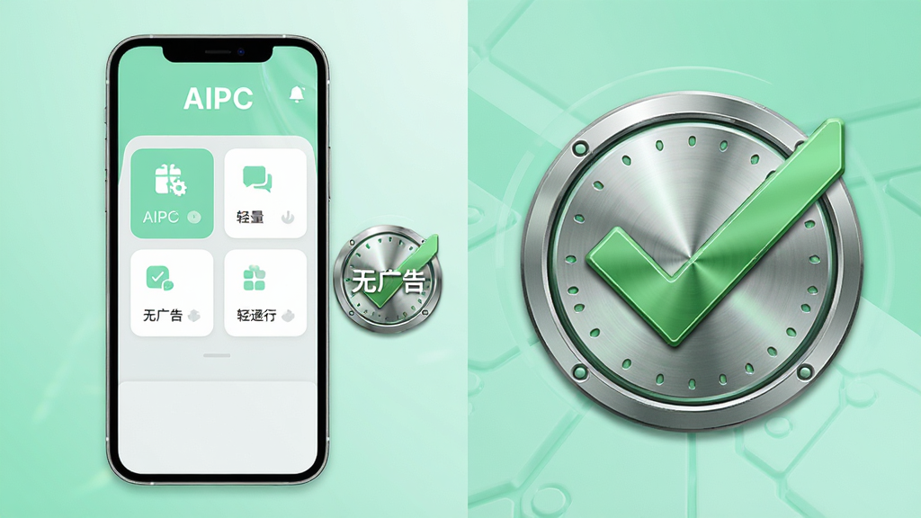 AIPC无广告轻量运行示意图,主体为手机屏幕显示AIPC主界面,界面顶部有“AIPC”标题,中间是功能卡片,底部无广告横幅,屏幕旁有一个绿色的“无广告”对勾徽章;布局采用左右分割,左侧手机,右侧徽章放大展示;排版简洁;风格为清新科技风,色彩以薄荷绿、白色、浅灰为主;细节上徽章有金属质感,手机屏幕有轻微反光;画质干净,无多余元素,突出清爽体验。