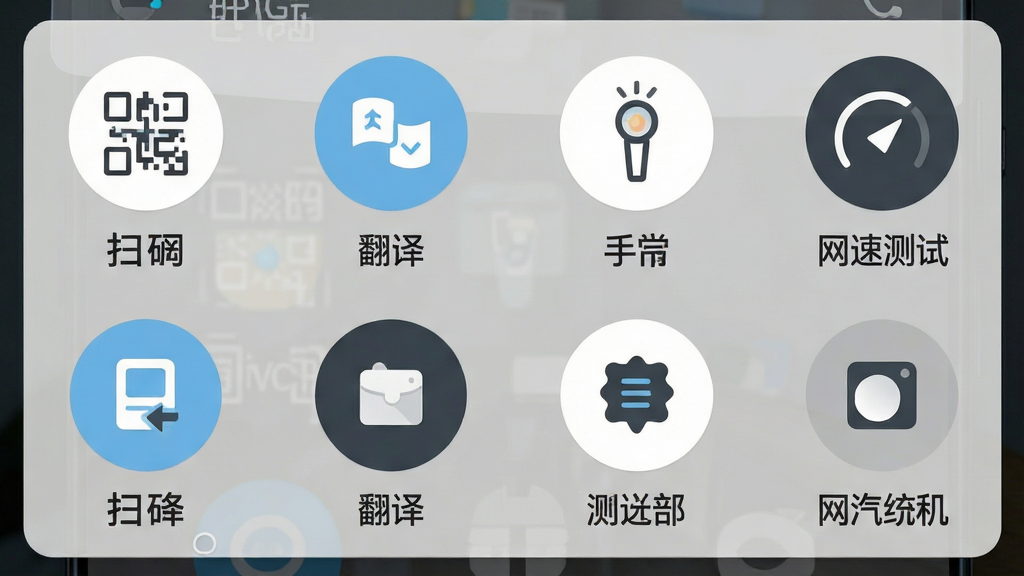AIPC快捷工具面板界面图,主体为安卓手机下拉通知栏展开状态,面板中整齐排列着扫码、翻译、手电筒、网速测试等圆形图标,每个图标下方有中文标签;布局采用竖向列表式,背景为浅灰色半透明;排版规整,图标大小一致;风格为极简扁平风,色彩以白色、浅蓝、深灰为主;细节上图标线条流畅,文字清晰锐利;画质干净,无多余装饰,突出功能实用性。