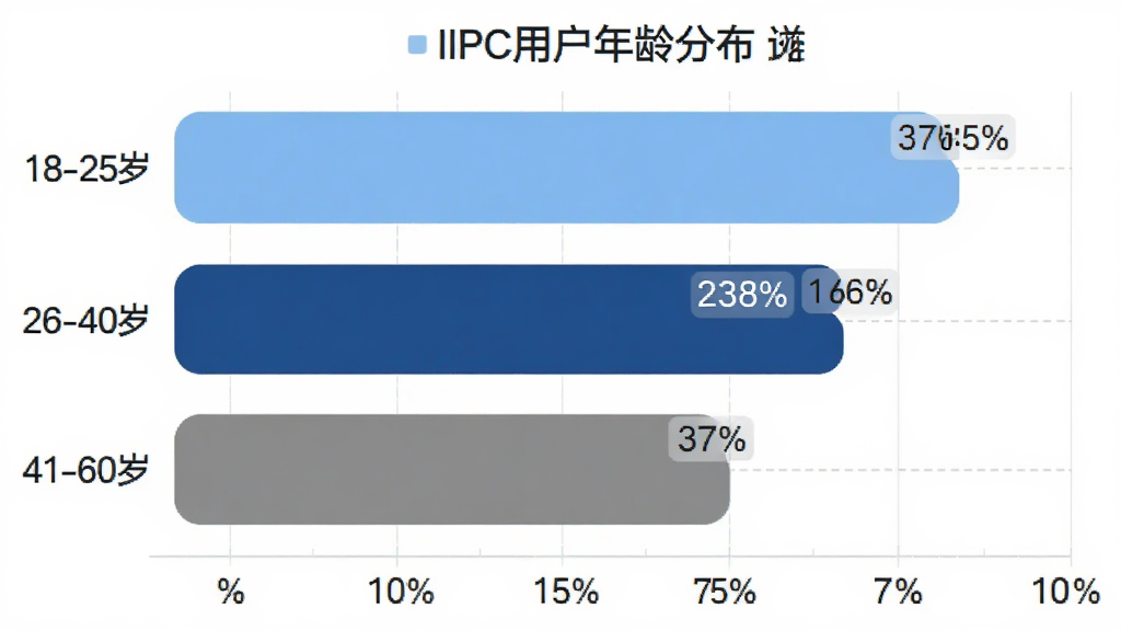 AIPC用户年龄分布柱状图,主体为一张横向柱状图,纵轴标注年龄段“18-25岁”“26-40岁”“41-60岁”,横轴为百分比刻度;布局简洁,柱体颜色分别为浅蓝、深蓝、灰色;排版清晰,柱体上方有具体百分比数字标签;风格为现代数据可视化,色彩以蓝、白、灰为主;细节上柱体有圆角,网格线浅淡;画质干净,无多余元素,用于展示用户画像。