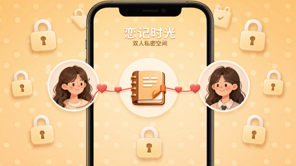 恋记时光双人私密空间界面,手机屏幕显示两个用户头像用爱心连线连接,中间是共享日记本图标,周围环绕锁形图标表示隐私保护,背景为暖色调,布局对称,风格温馨安全,细节清晰,画质干净无多余元素