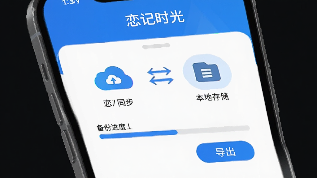 恋记时光数据备份功能界面,手机屏幕显示云端同步图标和本地存储图标并列,中间有双向箭头表示数据互通,下方显示备份进度条和导出按钮,背景为科技蓝白色调,布局简洁明了,风格现代扁平,细节清晰,画质干净无多余元素