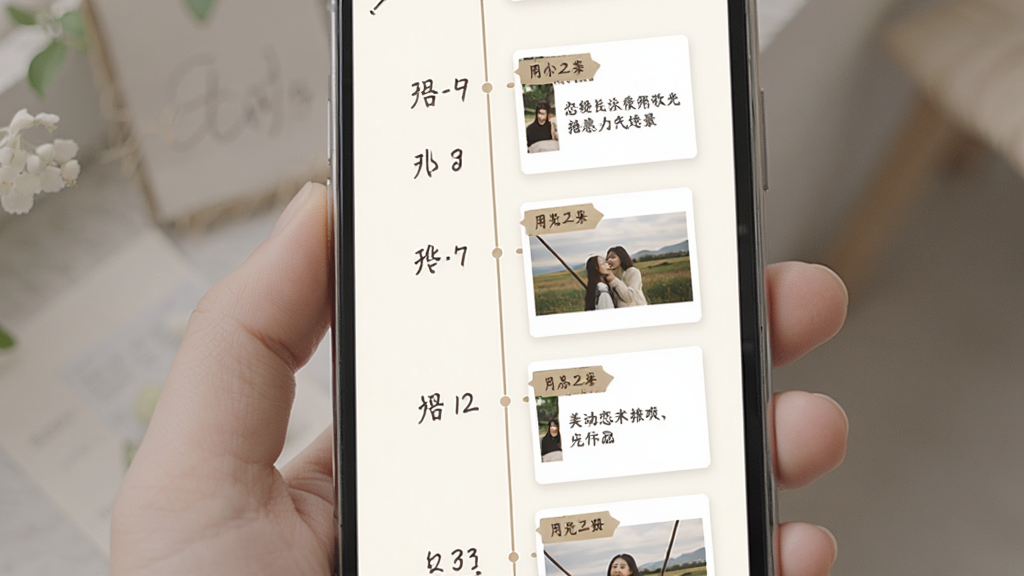 恋记时光时光轴相册界面,手机屏幕显示垂直时间线,时间线上排列着不同日期的照片卡片,每张卡片有日期标签和简短文字备注,背景为浅色,布局纵向延伸,风格清新文艺,细节精致,画质干净无多余元素
