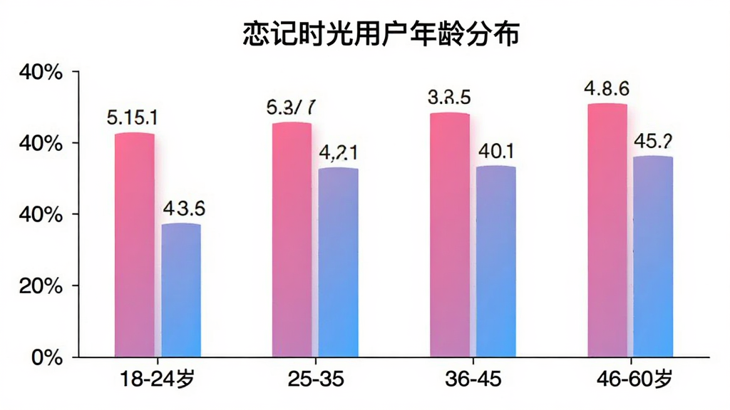 恋记时光用户年龄分布柱状图,横轴为年龄段18-24岁、25-35岁、36-45岁、46-60岁,纵轴为用户占比百分比,柱状图颜色为粉色和蓝色渐变,图表标题为“恋记时光用户年龄分布”,背景为白色,布局清晰,风格数据可视化,细节标注明确,画质干净无多余元素