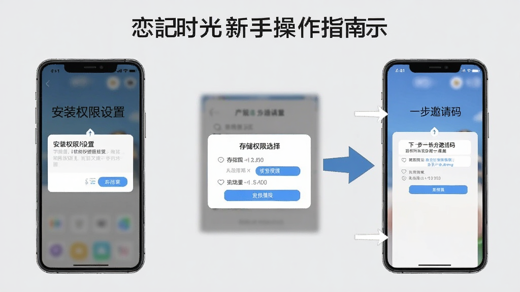 恋记时光新手操作指南示意图,手机屏幕显示安装权限设置界面和存储权限选择弹窗,旁边有箭头指向下一步绑定邀请码界面,背景为浅灰色,布局分步展示,风格教程图解,细节清晰,画质干净无多余元素