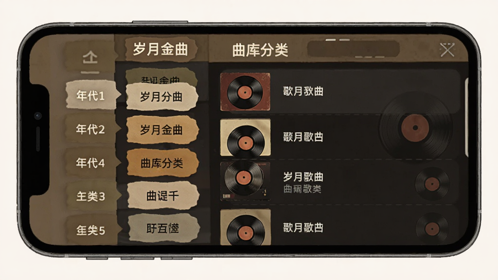 岁月金曲 曲库分类界面,主体为手机屏幕显示年代分类标签,布局左侧年代导航右侧歌曲列表,排版整齐,风格简洁复古,细节有唱片图标装饰,画质干净,无多余元素