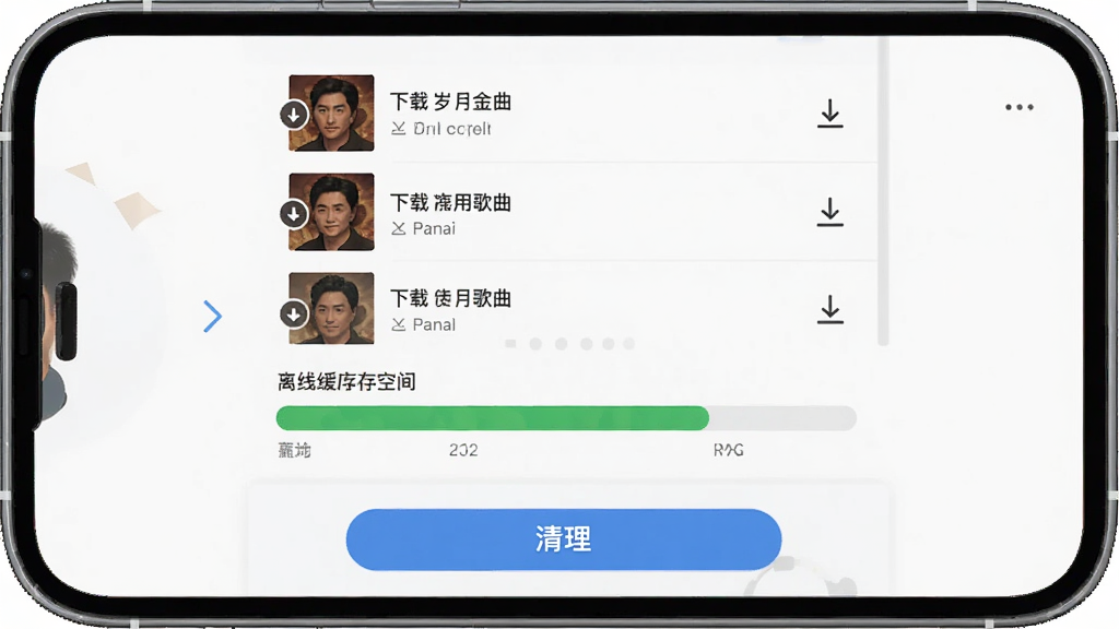 岁月金曲 离线缓存管理界面,主体为手机屏幕显示下载列表与存储空间条,布局上方是已缓存歌曲列表下方是清理按钮,排版清晰,风格扁平实用,细节有下载箭头图标,画质干净,无多余元素