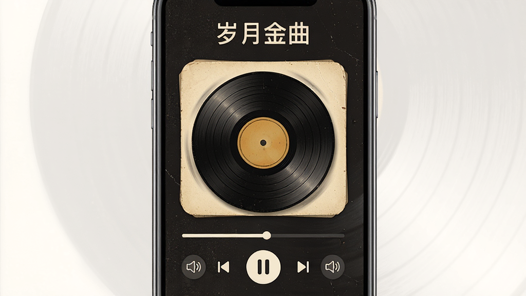 岁月金曲 播放界面展示,主体为手机屏幕中央圆形唱片封面旋转,布局顶部歌名底部控制按钮,排版简约,风格怀旧黑胶质感,细节有进度条和音量图标,画质干净,无多余元素