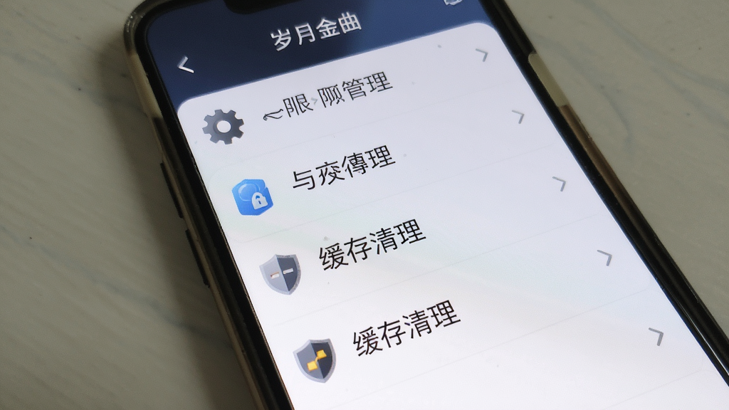 岁月金曲 手机设置界面展示,主体为手机屏幕显示权限管理与缓存清理选项,布局纵向列表排列,排版清晰,风格简洁实用,细节有齿轮和盾牌图标,画质干净,无多余元素