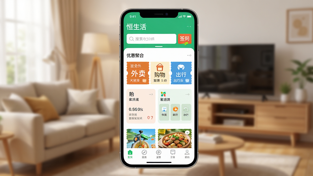 �ֻ���Ļ��д������������ʾ�������App����ҳ���棬�������������ǩ����ڣ��м���������������е��Ż�ȯ�ۺϰ�飬�ײ��ǵ���������������ܰ�ļҾӻ����黯������ִ���Լ��ϸ�����������ʸɾ��������޶���Ԫ��