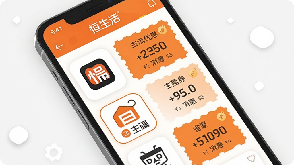 һ��չʾ�������App���Ż�ȯ�ۺ�ҳ��Ľ�ͼ���ͼƬ������������һ���ֻ����棬��Ļ����ʾ�����������ƽ̨��ͼ��Ͷ�Ӧ���Ż�ȯ����������������ƽ����ɫ���Գ�ɫ�Ͱ�ɫΪ����Ӫ���ʡǮ��ʵ�ݵ��Ӿ����ܣ����ʸɾ��޶���Ԫ��
