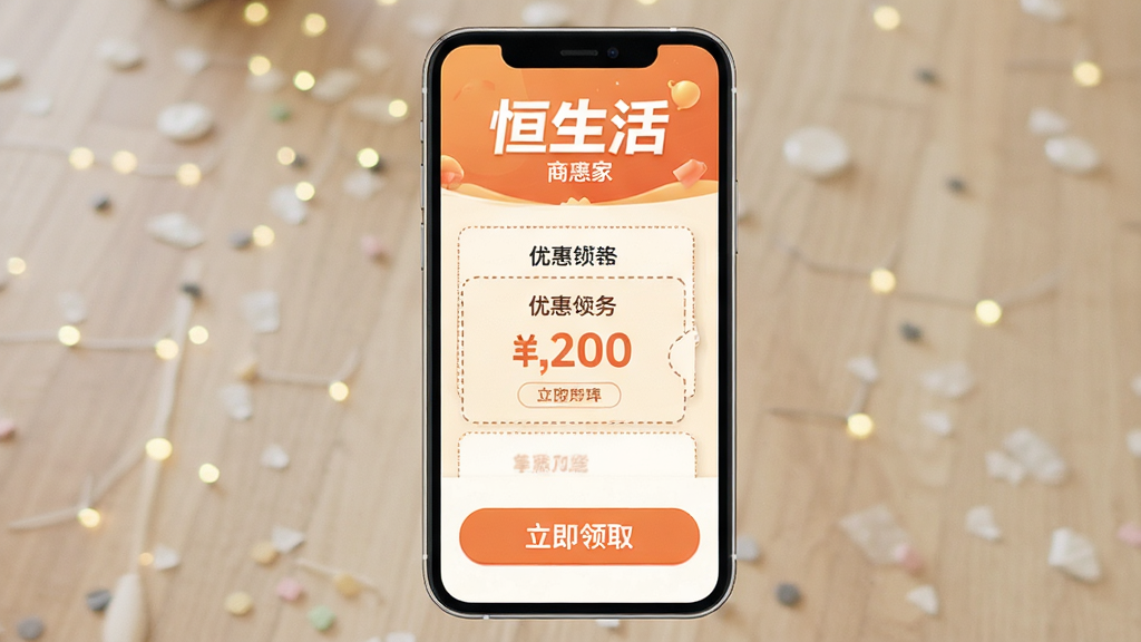 һ���ֻ���Ļչʾ������App�Ż�ȯ��ȡҳ���ͼƬ���������ֻ����棬����Ϊ�����̼����ơ��м��Ż�ȯ��Ƭ���ײ�������ȡ��ť������Ǵ����н�ǿ��ůɫ����ƣ�ϸ�����Ż�ȯ�������߱߿��������֣����ʸɾ��޶���Ԫ��