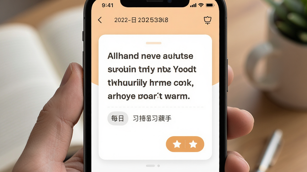 英语学习助手 每日一句推送界面,手机屏幕中显示英文句子和中文翻译,主体为App界面,布局卡片式,排版居中,风格温暖清新,细节包含日期与收藏按钮,画质高清干净无多余元素