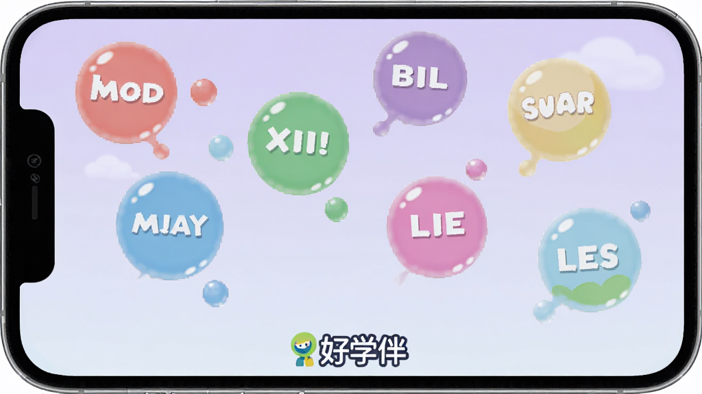 һ���ֻ���Ļ��ͼ������Ϸ���棬�������ж��д��Ӣ�ĵ��ʵĲ�ɫ����Ư���ڿ��У��ײ��С���ѧ�顱��־�������ǵ���ɫ���䣬���������죬���ʸɾ����޶���Ԫ��