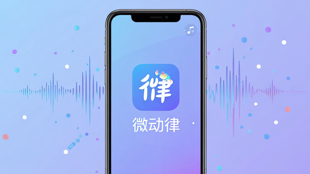 微动律软件主界面展示,手机屏幕竖屏构图,画面中央显示微动律应用图标和名称“微动律”,背景是柔和的蓝紫色渐变,周围漂浮着音乐波形和动态粒子效果,风格现代简洁,扁平化设计,画质干净清晰,无多余元素